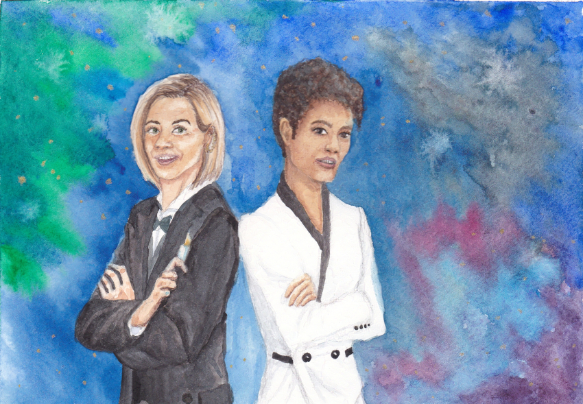 Martha and Thirteenth Doctor in James Bondesque suits, space background